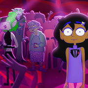 A still from Lesbian Space Princess of a group of people at a party