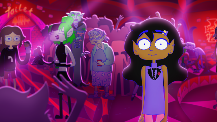 A still from Lesbian Space Princess of a group of people at a party