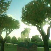 A screenshot of the game Everything, depicting a cow stood on a plinth in the middle of a lush wooded landscape reminiscent of a park.