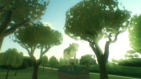 A screenshot of the game Everything, depicting a cow stood on a plinth in the middle of a lush wooded landscape reminiscent of a park.