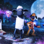 Animated sheep holding a glowing slice of pizza, a dog, and a smaller sheep with a teddy bear under a large full moon at night.