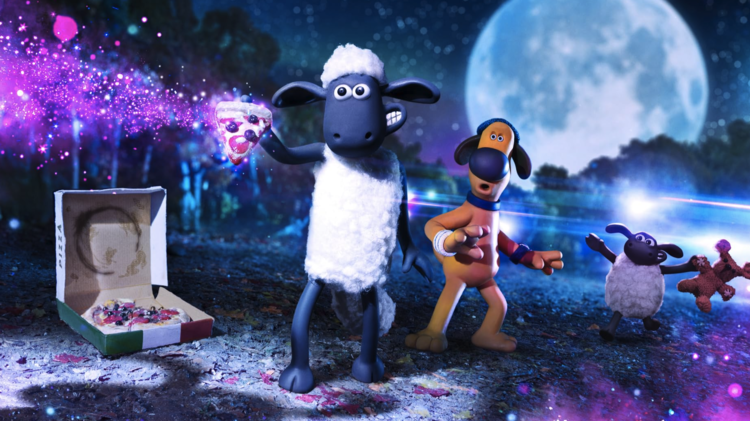Animated sheep holding a glowing slice of pizza, a dog, and a smaller sheep with a teddy bear under a large full moon at night.