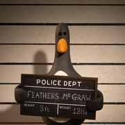 Penguin holding a police mugshot board in front of a height chart, named Feathers McGraw, 3 ft tall and weighing 12 lbs.