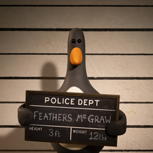 Penguin holding a police mugshot board in front of a height chart, named Feathers McGraw, 3 ft tall and weighing 12 lbs.