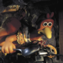 Claymation chicken character wearing a dress and hat, holding a spoon, crawling on a rope in a dimly lit cave with a wooden ladder.