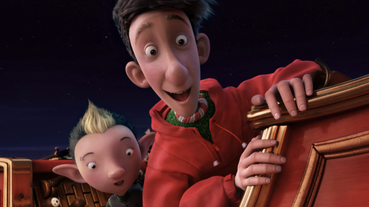 Animated scene of two characters, one human and one elf-like, excitedly looking over the edge of a red sleigh at night.