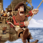 Animated pirate crew aboard a wooden ship, with a bearded pirate swinging on a rope over ocean waves under a blue sky with clouds.