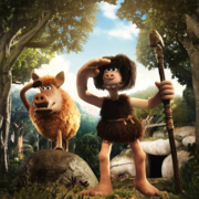 Animated caveman and boar standing in a forest, both shading their eyes and looking into the distance with stone shelter in background.