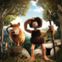Animated caveman and boar standing in a forest, both shading their eyes and looking into the distance with stone shelter in background.