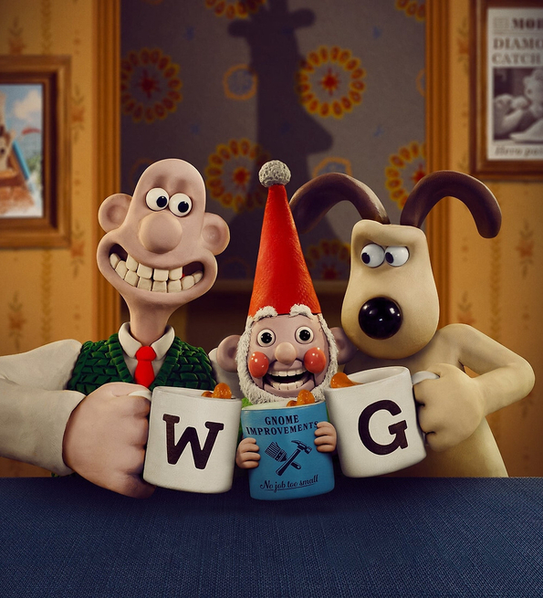 Claymation characters Wallace and Gromit cheers their mugs of tea in between a robot gnome.