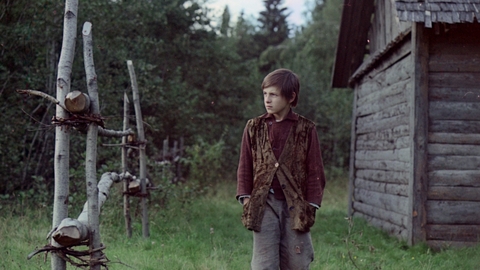 A barefoot boy in rustic clothes walks outside a wooden cabin, surrounded by green grass and birch tree fencing.