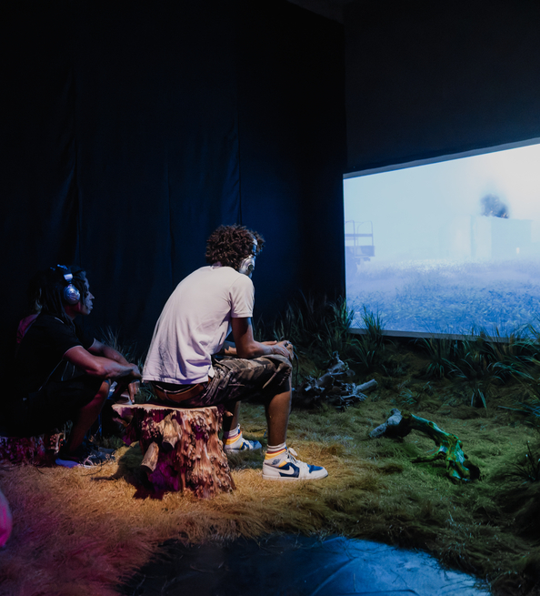 People sitting on tree stumps watching a large screen in a dimly lit room at the Undershed Gallery with grass and branches on the floor.