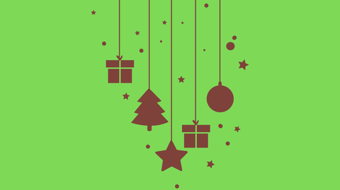 Brown Christmas ornaments, gift boxes, stars, and dots hanging on strings against a bright green background.