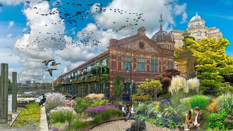 Lush urban garden with diverse plants, people sitting, historic building, river with boats, and birds flying under a bright blue sky with clouds.