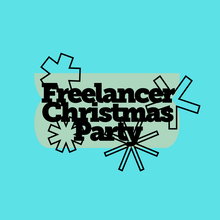 Text reading "Freelancer Christmas Party" with black outlined snowflakes on a teal and light green background.
