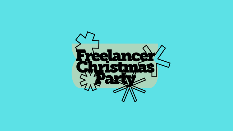 Text reading "Freelancer Christmas Party" with black outlined snowflakes on a teal and light green background.