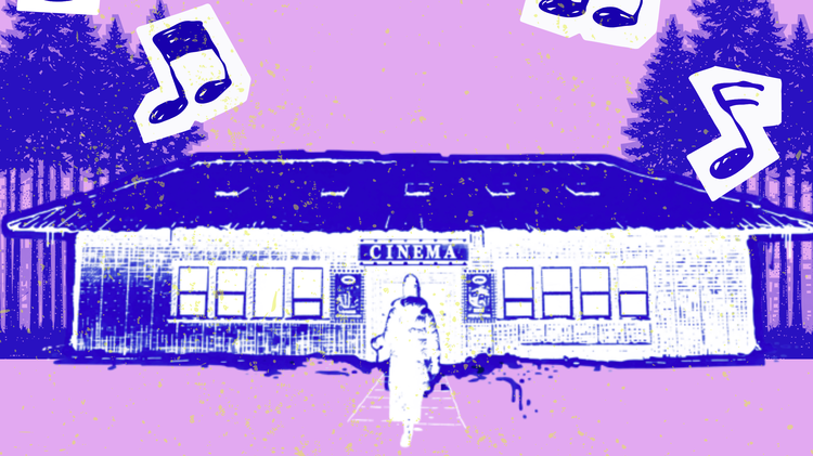 An illustration of someone walking into a cinema