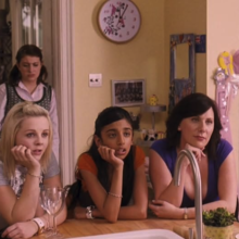 Four females watching a shirtless man in a kitchen with a clock and open doorway in the background.