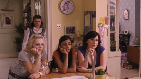 Four females watching a shirtless man in a kitchen with a clock and open doorway in the background.