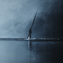 Hand holding a spear emerging from dark, misty water with droplets falling and reflections on the surface.
