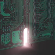 A rendered image of a tiny human walking into a big door inside a circuitboard. 