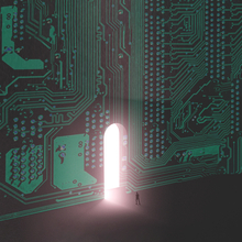 A rendered image of a tiny human walking into a big door inside a circuitboard. 