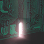 A rendered image of a tiny human walking into a big door inside a circuitboard. 