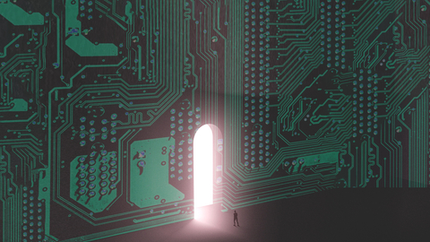 A rendered image of a tiny human walking into a big door inside a circuitboard. 