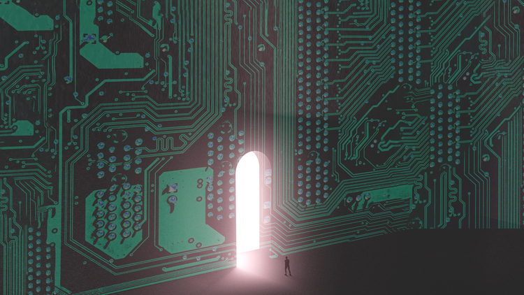 A rendered image of a tiny human walking into a big door inside a circuitboard. 
