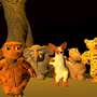 A poster made in VR, depicting several animals underneath a tree. The text reads     TALES BY LANTERN LIGHT  Why the Tortoise has a Cracked Shell  VR, FOLKTALES, OOPS!
