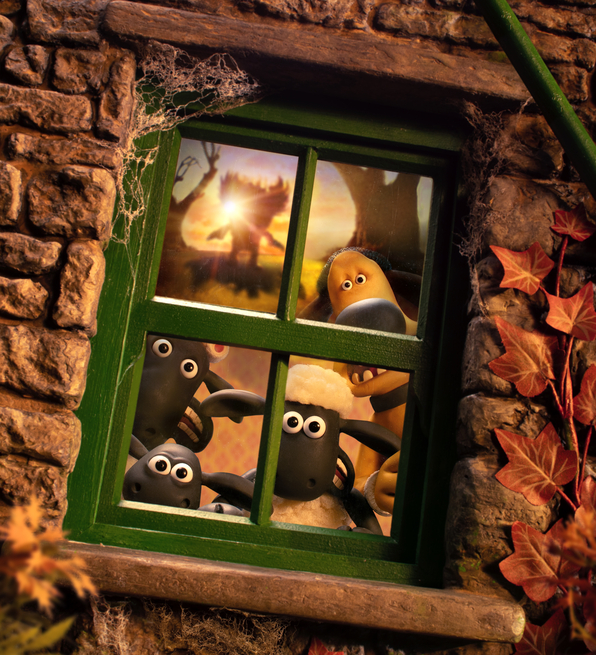 Four animated sheep characters and a dog peering through a green window set in a stone wall with autumn leaves and a spider web.