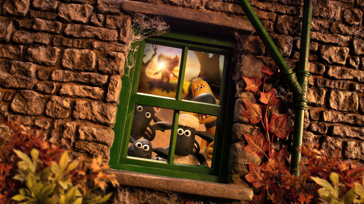 Four animated sheep characters and a dog peering through a green window set in a stone wall with autumn leaves and a spider web.
