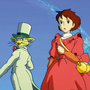 Anime scene with a girl in a red dress and a cat character in a white suit and top hat, with a large planet in the background.