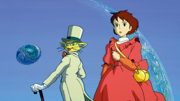 Anime scene with a girl in a red dress and a cat character in a white suit and top hat, with a large planet in the background.