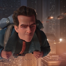 Cartoon person seems to be flying through the air wearing a backpack with a determined facial expression
