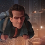 Cartoon person seems to be flying through the air wearing a backpack with a determined facial expression