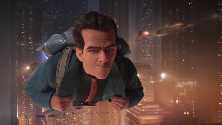 Cartoon person seems to be flying through the air wearing a backpack with a determined facial expression