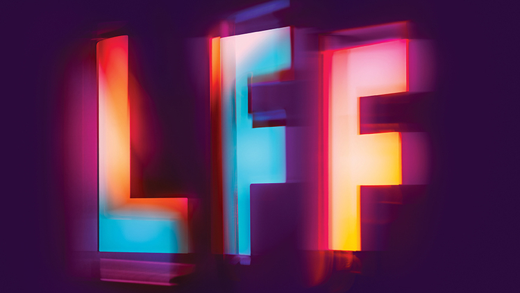 BFI London Film Festival logo with colorful blurred "LFF" letters and event dates 7-18 Oct on a dark purple background.