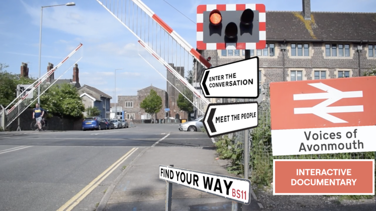 The title image for the interactive documentary, Voices of Avonmouth, depicting various signs asking questions and directing the audience. 